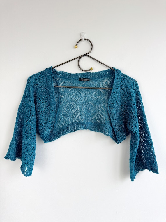 Vintage Metallic Teal Blue Cropped Bolero Shrug, Shimmery Knit Short Cardigan for Women Size S, Sheer Mesh Open Front Cropped Layering Piece