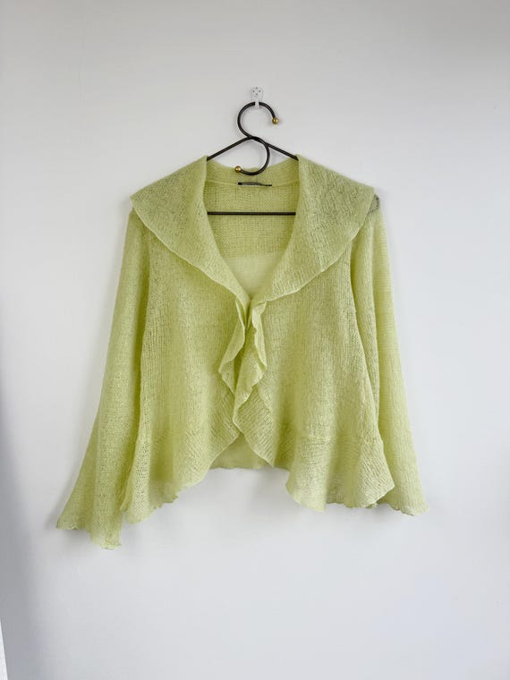 Vintage 90s Lime Green Mohair Style Pullover, Ruffle V-Neck Knit Sweater, Sheer Pastel Fairycore Jumper, Romantic Mesh Knit Top Women Size M