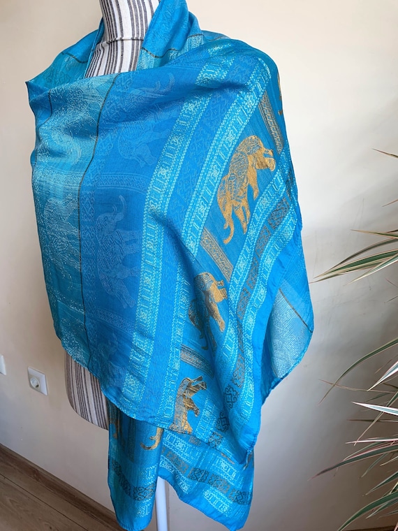 Vintage Y2K 100% Silk Scarf, Sky Blue Silk Scarf, Rectangle Pure Silk Scarf, Damask Elephant Print Scarf, Oriental Gold Brocade Scarf