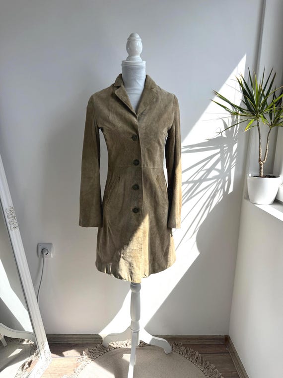 Vintage 90s Khaki Green Suede Leather Trench Coat Women XS, 70s Style Suede Midi Coat, Suede Duster Jacket, Suede Mid Length Overcoat Blazer
