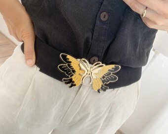 Vintage Black Elastic Belt With Silver Butterfly Buckle  display picture 3