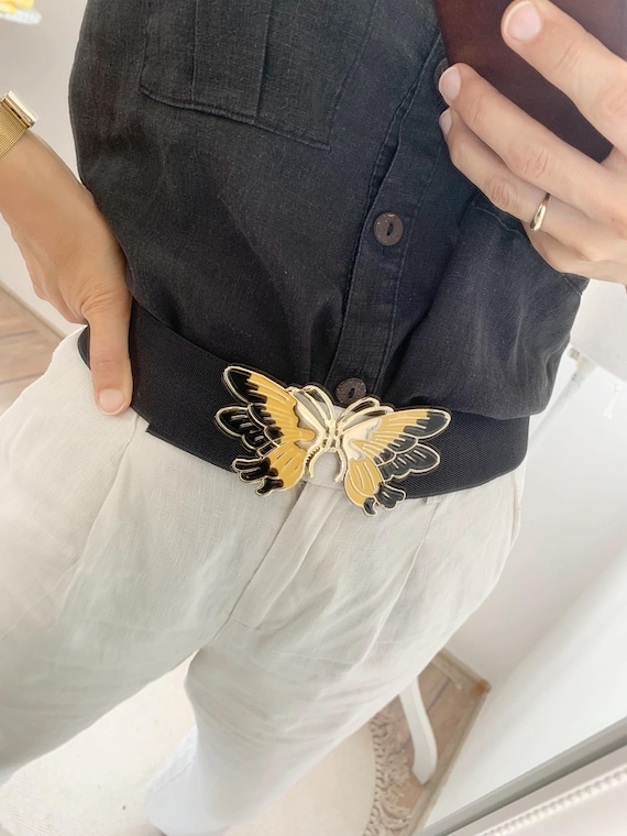 90s Butterfly Buckle Elastic Belt One Size, Wide Stretchy Belt, Black Yellow Gold Retro Statement Belt, Stretch Sash Belt, Elasticated Belt