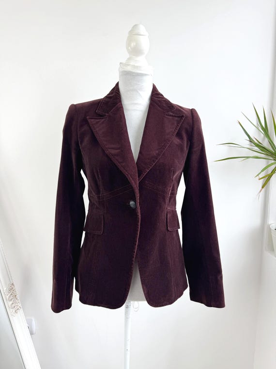 Vintage STEFANEL Y2K Brown Cotton Corduroy Blazer for Women Size S, Button Up Velvet Jacket With Pockets, Slim Fit Velveteen Cropped Coat