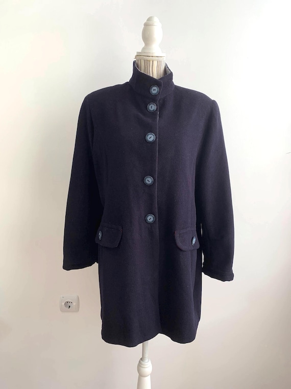 Vintage Dark Navy Wool Coat Size L, High Neck Collared Woollen Coat, Warm Winter Midi Coat, Single-Breasted Relaxed Overcoat, Felted Jacket