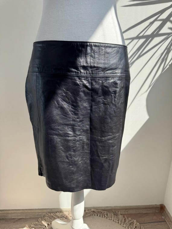90s Aleksander Black Leather Skirt High Waisted Minimalist Cyber Goth Pencil Skirt Real Leather Bodycon Nordic Leather Mini Skirt EU 38 M