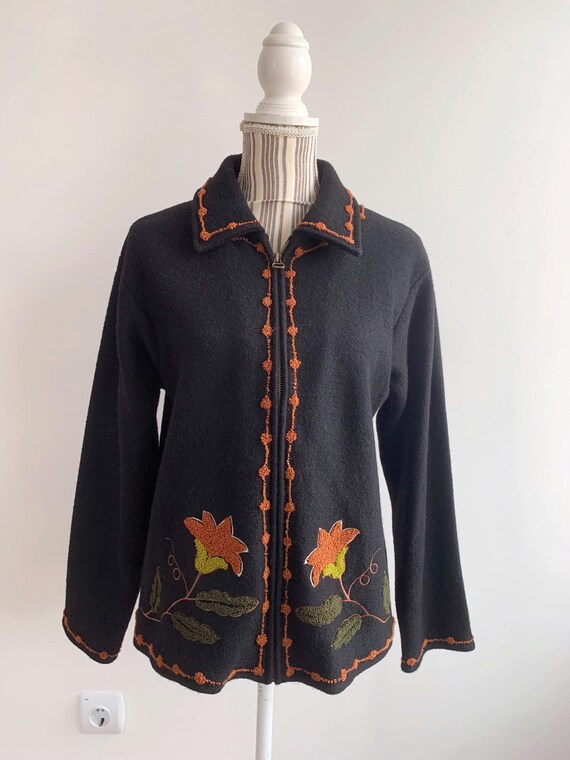 Vintage 100% Wool Zip Up Cardigan Jacket Size M L Black Boiled Wool Sweater Blazer with Floral Embroidery, Tweed Boucle Cropped Woollen Coat