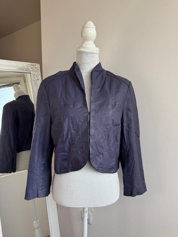 Vintage Y2K AULUNA Purple Leather Bolero Women L XL, Soft Leather Jacket, Cropped Leather Coat, Hook & Eye Grunge Leather Blazer 3/4 Sleeves