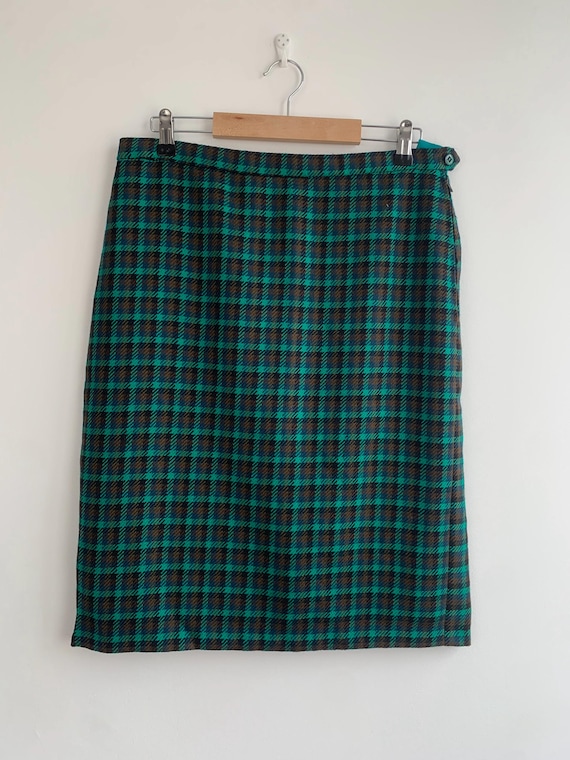 Vintage Wool Skirt Size M, 80s Fall Winter Tweed Skirt, Green Brown Plaid Skirt, Straight Checkered Skirt, Retro Tartan Skirt, Mod Skirt