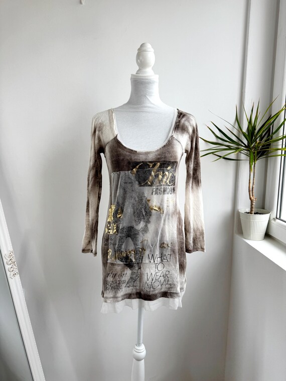 Vintage Y2K Tunic Top Italian Linen Pullover Sweater Grunge Graphic Print Gold Foil Tie Dye Long Sleeve Tee Boho Festival Layering Top