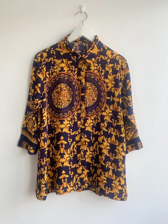 Vintage 90s Baroque Print Blouse Women's Size M, Gold Flowers & Leaves Motif Navy Blue Shirt, Ornate Medallion Oversized Button Up Top
