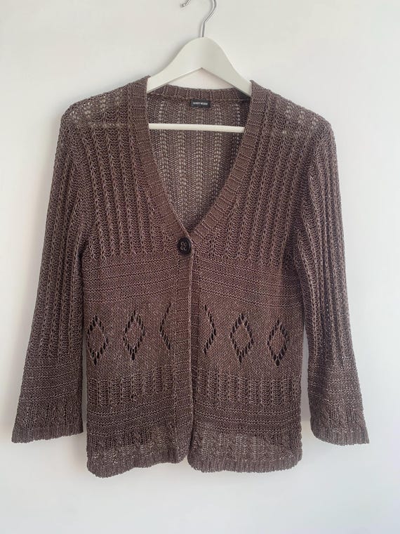 Taupe Braun Strick-Cardigan Größe M, Sheer Openwork Pullover, Netz