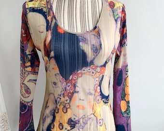 Vintage Y2K Sheer Tulle Top Size M L, 2000s Abstract Portrait Stretchy Mesh Blouse, Fitted Scoop Neck Lace Top, Long Sleeve Fishnet Shirt