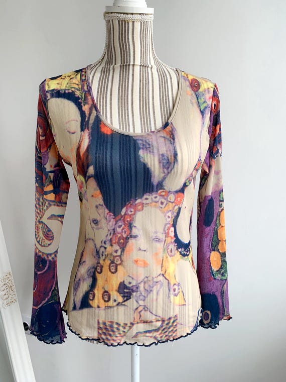 Vintage Y2K Sheer Tulle Top Size M L, 2000s Abstract Portrait Stretchy Mesh Blouse, Fitted Scoop Neck Lace Top, Long Sleeve Fishnet Shirt