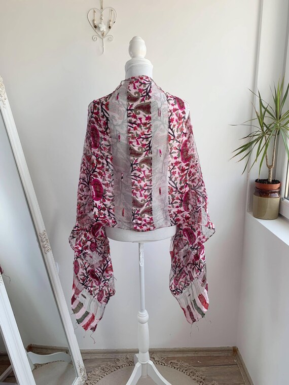 Vintage Burgundy Red Indian Summer Shawl, Extra Light Transparent Scarf, Taupe Pink Boho Paisley Wrap, Mesh See Trough Floral Gauze Cover Up
