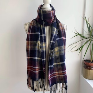 Vintage Y2K Unisex Plaid Winter Scarf, Warm Cozy Rectangular Fringed Coat Scarf for Men or Women, Burgundy Navy Mustard Soft Checkered Scarf