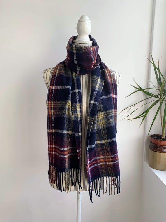 Vintage Y2K Unisex Plaid Winter Scarf, Warm Cozy Rectangular Fringed Coat Scarf for Men or Women, Burgundy Navy Mustard Soft Checkered Scarf