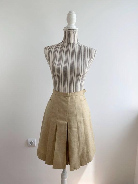 Vintage 60s 70s Cream Beige Linen Wide Leg Skirt Pants Size XS, High Waited Pleated Mini Skirt,  A Line Short Trouser, Mod Shorts for Women