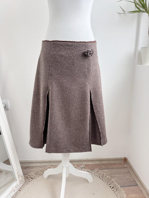 Vintage H&M Wool Silk Blend Skirt, Brown Tweed Midi Skirt, Retro 90s Dark Academy Pleated A-Line Skirt, Winter Wool Blend Office Wear Size L