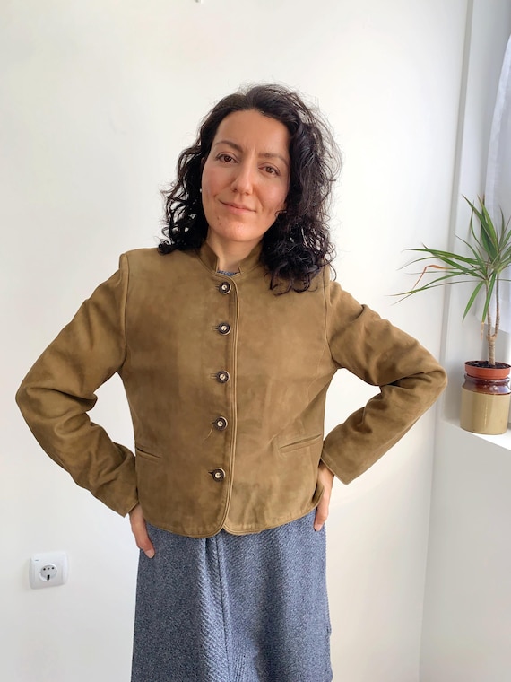 Vintage 90s Suede Leather Jacket Size S, Trachten Boho Real Leather Blazer, Khaki Green Suede Leather Coat, Button Up Folk Cropped Outerwear