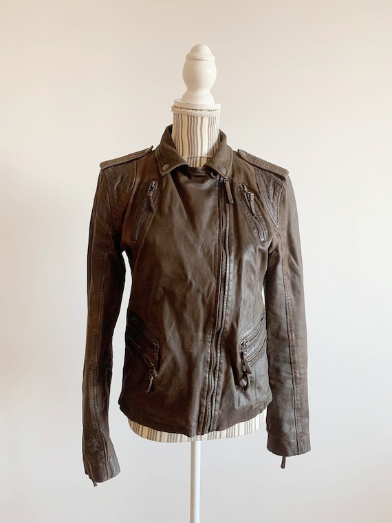 Vintage Y2K Women's Real Leather Jacket Size 40 M, Taupe Brown Leather Jacket, Zip Up Collared Leather Blazer, Grey Brown Crop Leather Coat