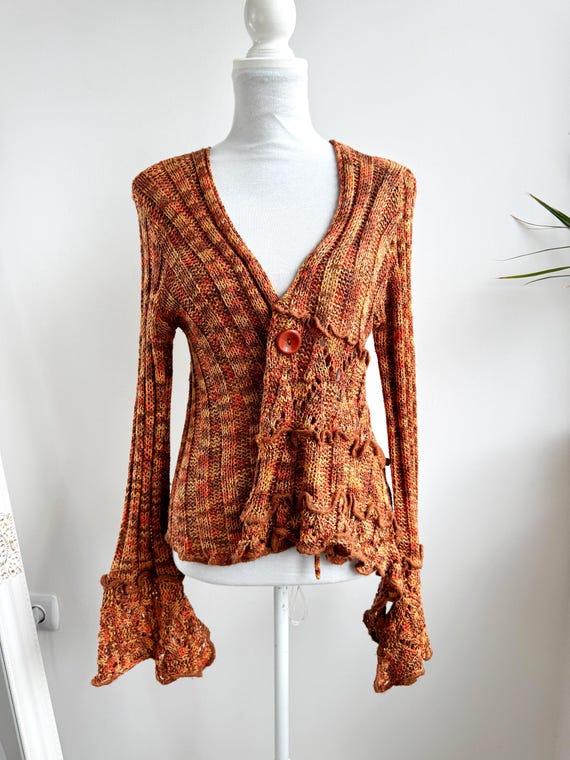 Vintage Boho Knit Cardigan, Asymmetrical Fairy Core Wrap Sweater, Rust Orange Flare Sleeve Bolero, Bohemian Knitted Jacket Layering Top M