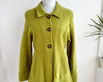 Vintage Micha 100% Boiled Wool Jacket | Chartreuse Green Raw Edge Panel Cropped Coat | Retro Collared Felt Wool Blazer With Pockets Size L