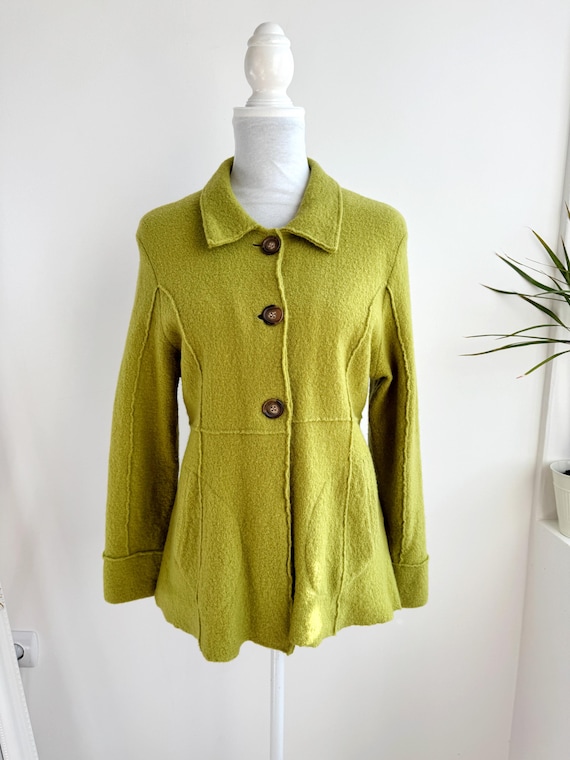 Vintage Micha 100% Boiled Wool Jacket | Chartreuse Green Raw Edge Panel Cropped Coat | Retro Collared Felt Wool Blazer With Pockets Size L