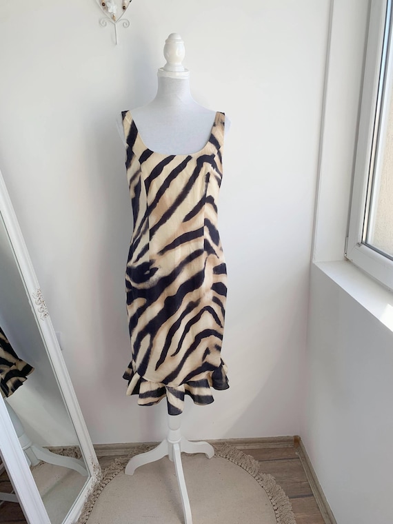 Vintage Zebra Print Dress Size M, 90s Cotton Square Neck Sleeveless Midi Dress, Retro Animal Print Bodycon Safari Aesthetic Cocktail Dress