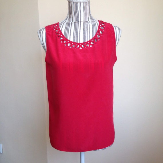 Vintage 80s Bright Red Pure Silk Tank Top Size S, Eyelet Cut Out Neckline Women Sleeveless Shirt, Light Breathable Summer Side Slit Boxy Top