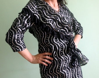 Vestido de fiesta vintage de los años 80, vestido de fiesta negro y plateado, vestido de cóctel alocado, vestido formal de manga larga de tela lamé, vestido glamoroso, talla pequeña