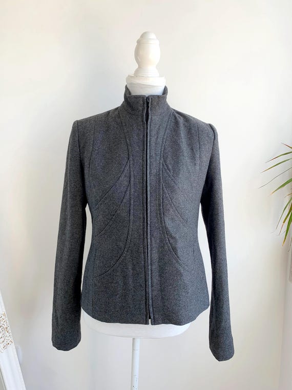 Vintage Grey Wool Blazer for Women Size M, Nigh Neck Band Collar Zip Up Winter Blazer, Short Woollen Coat, Tailored Slim Fit Felt Jacket
