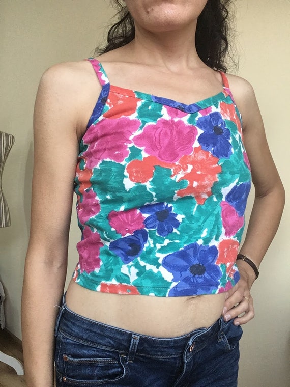 90s Floral Cami Top Women, Vintage Spaghetti Strap Crop Top Size S, Made in Italy Cotton Tank, Stretchy Sleeveless Summer Top Y2K Aesthetic