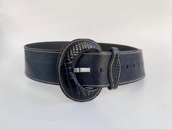 Vintage Dark Navy Blue Real Leather Belt for Women, Extra Wide Corset Belt, Buckle Up Obi Belt, Minimalist Waist Cincher, Waistband Belt