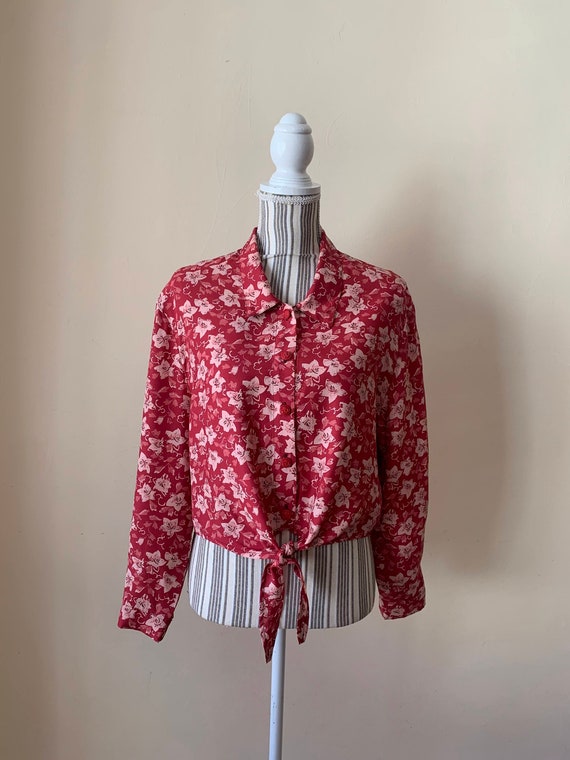 Vintage Floral Tie Front Crop Top for Women Size M L, Long Sleeve Collared Shirt, Red Button Down Shirt, Hawaiian Tropical Loose Fit Blouse