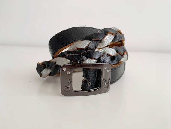Silver Black Thin Leather Belt for Women 86 - 96 cm / 33 - 37", Boho Braided Belt, Woven Skinny Belt, Narrow Waist Belt, Slim Waist Cincher