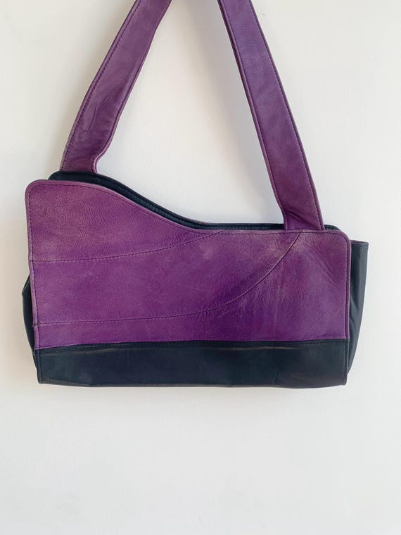 Vintage Y2K Distressed Genuine Leather Tote, Real Leather Black and Purple Hobo Bag, Asymmetrical Shoulder Purse, Open Top Magnetic Closure