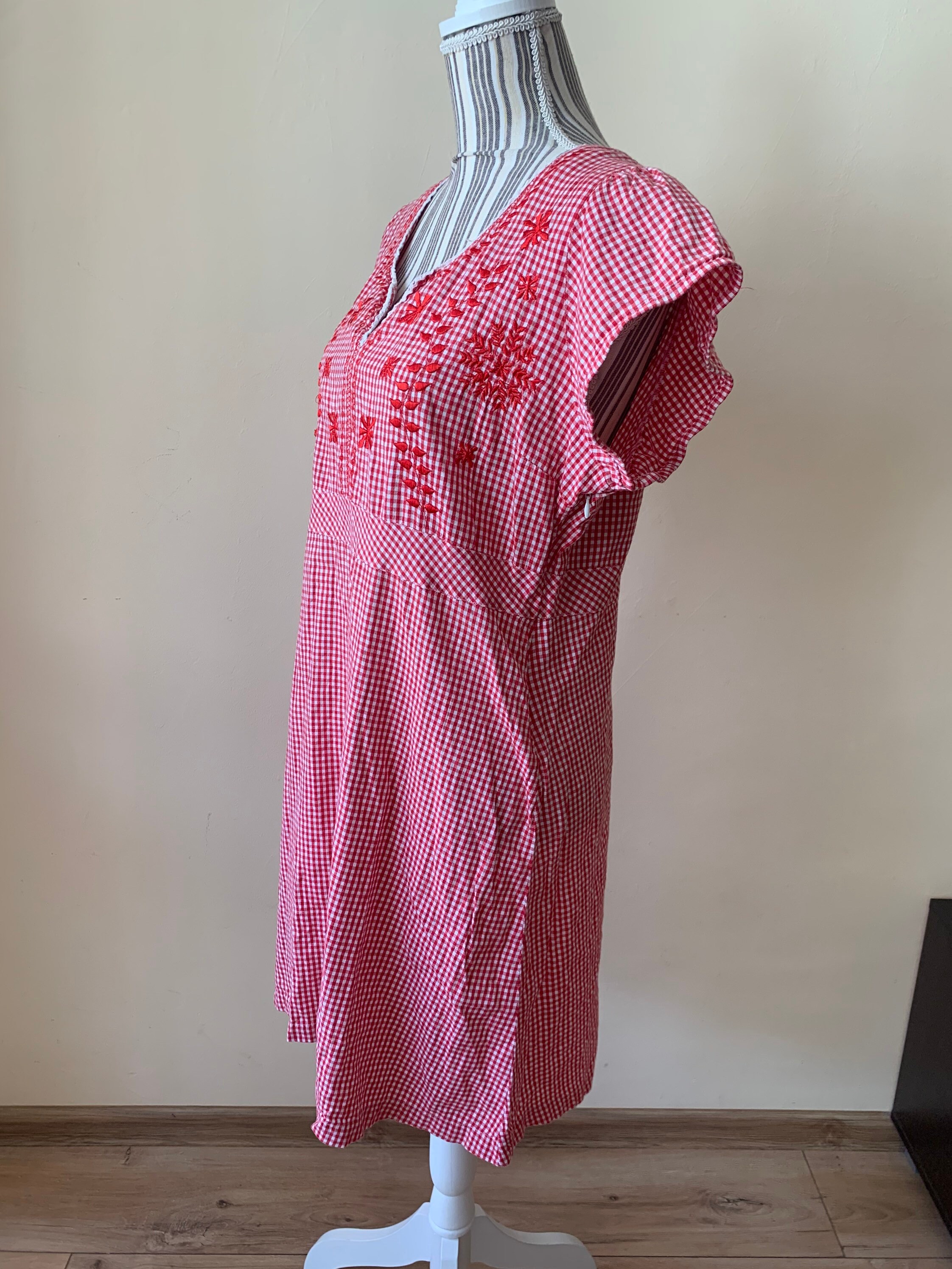Red Embroidery Short Sleeve Midi Dress V Neck High Waist - Etsy