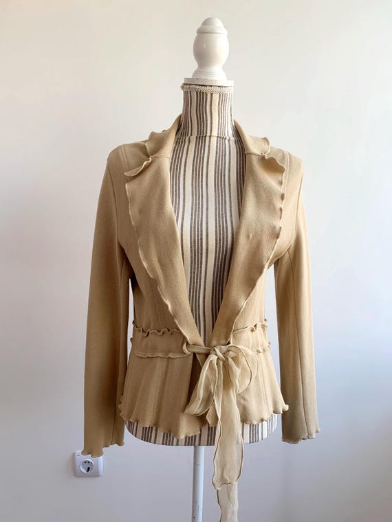 Vintage Betty Goodman Cardigan Sweater Size S/M, Fine Knit Beige Sweater with Tie Front Closure, Ruffle Lapel Collar Cardigan, Made in Italy
