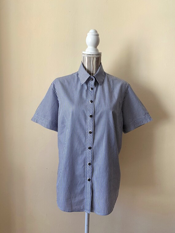White Navy Blue Striped Button Up Shirt for Women Size 46 L, Collared Short Sleeve Blouse, Vintage 80s Cotton Summer Top, Edelweiss Buttons