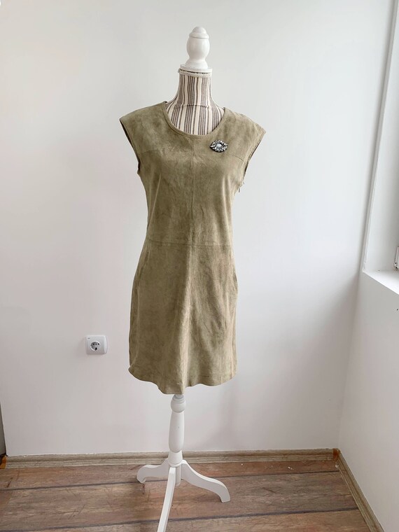 Vintage 90s Suede Mini Dress Size 38 M, Sleeveless Khaki Leather Dress, Boho Hippie Short Suede Leather Dress, Mod Shift Pinafore Dress