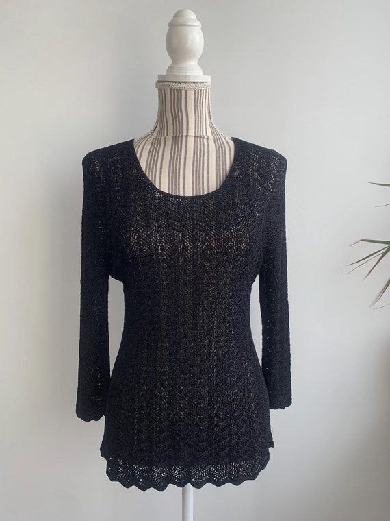 Vintage Black Lace Sweater for Women Size M L, Mesh Crochet Top, Sheer Knitted Blouse, See Through Knit Pullover, Boho Overlay Jumper