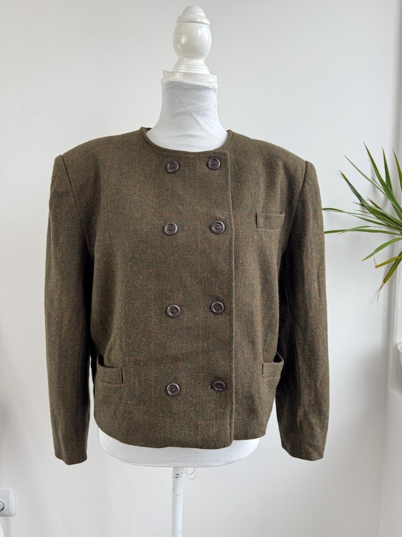 Vintage Khaki Green Relaxed Tweed Jacket for Women Size L, 80s 90s Cropped Double Breasted Blazer, Cottagecore Collarless Short Wool Coat