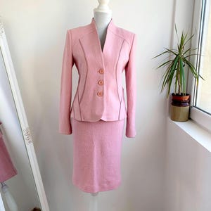 Vintage Y2K Women&#39;s Skirt and Blazer 2 Piece Set Size S, Pink Tweed Suit for Women, Matching Wool Suit Set, Wool Blazer Midi Skirt Set