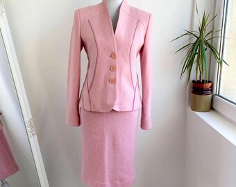 Costume Vintage Perry Ellis Pure Laine - Blazer Et Jupe Taille 6 UK - Très Bon état