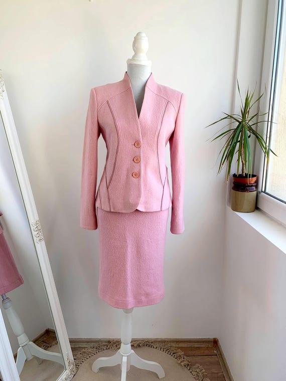Vintage Y2K Women's Skirt and Blazer 2 Piece Set Size S, Pink Tweed Suit for Women, Matching Wool Suit Set, Wool Blazer Midi Skirt Set