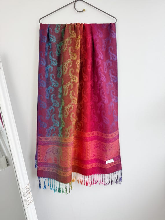 Vintage Rainbow Pashmina Scarf, Multi Color Paisley Shawl, 100% Cashmere Large Wrap, Boho Hippie Oversized Scarf, Colorful Tassel Shawl Wrap