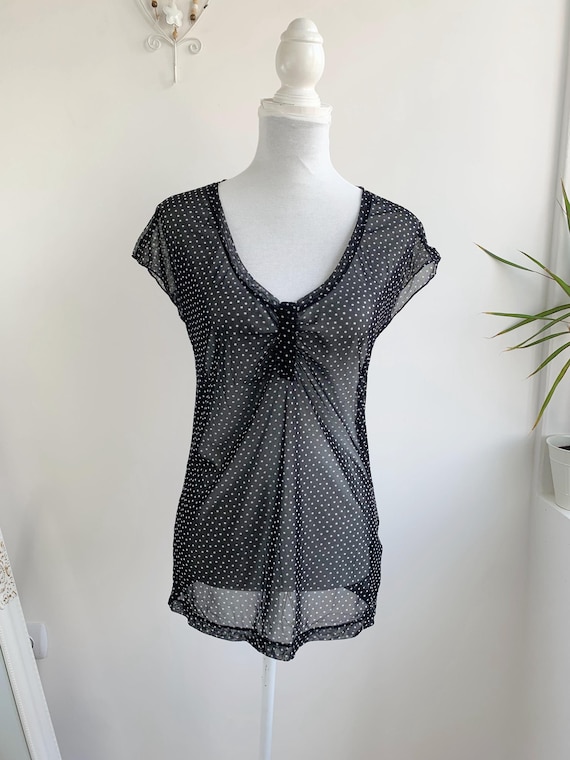 Vintage Mexx Polka Dot Top Size L/ XL, Y2K Sheer Blouse, 90s Mesh Top, Black and White Polka Dots Tee, Retro See Through Top, V-Neck Blouse