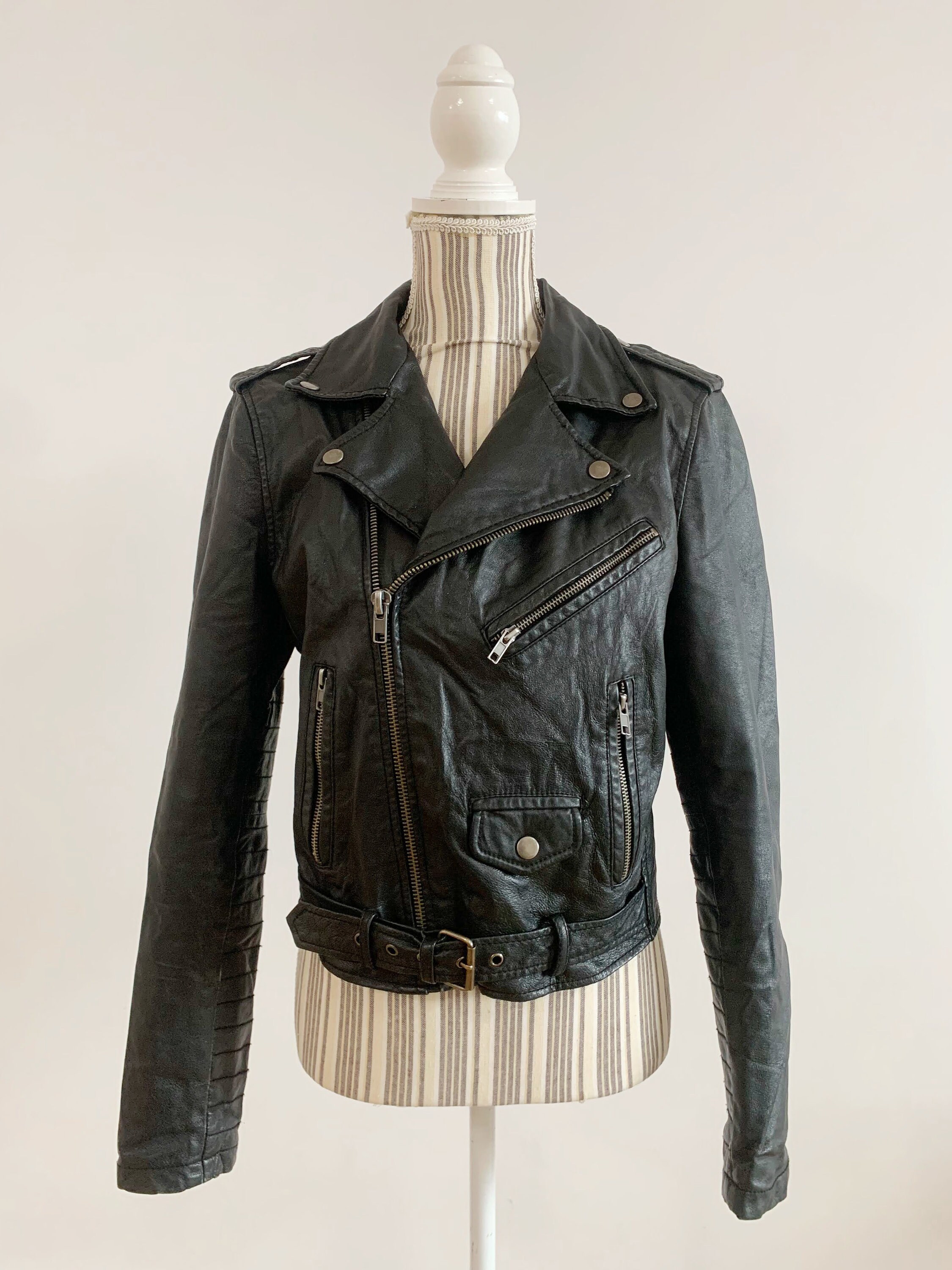 Vintage Black Real Leather Racing Jacket for Women Size Small