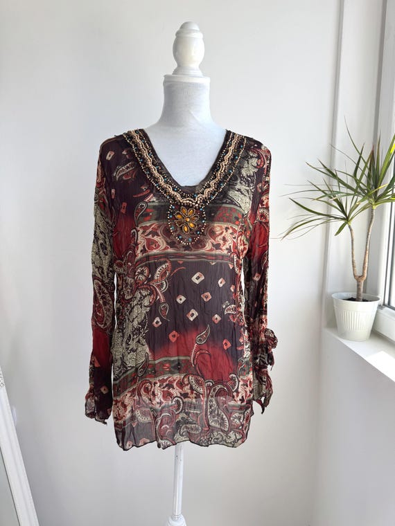 Vintage Paisley Whimsigoth Blouse, Y2K Fairy Grunge Top, Indie Sleaze Sheer Tunic, Tie Up Flare Sleeve Beaded V Neck Crinkle Blouse Size M L