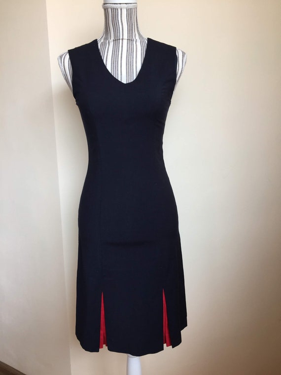 Navy Blue and Red Midi Dress, V Neck Tulip Skirt Formal Office Dress, Sexy Bodycon Front Slit Pencil Dress, Slim Fitted Work Dress, Size XS